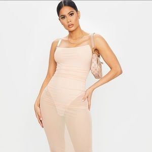 Nude , Mesh Midaxi Dress with Clear straps